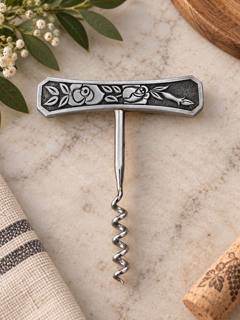 Vintage Floral Metal Corkscrew Bottle Opener
